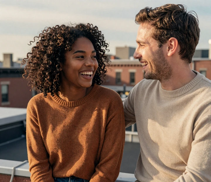 Asha and Daniel, a Brooklyn-based interracial couple, laughing together at golden hour - illustrating strong cross-cultural connection