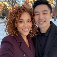 Camille and Jordan, a Denver interracial couple engaged in 2026, smiling outdoors after meeting on the platform