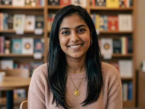 Priya, a South Asian American single in Austin, smiling in a cozy bookstore cafe &mdash; representing serious interracial relationships