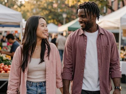 Asian American and Black American couple walking together at a Brooklyn market &mdash; cover for the 15 interracial dating tips article