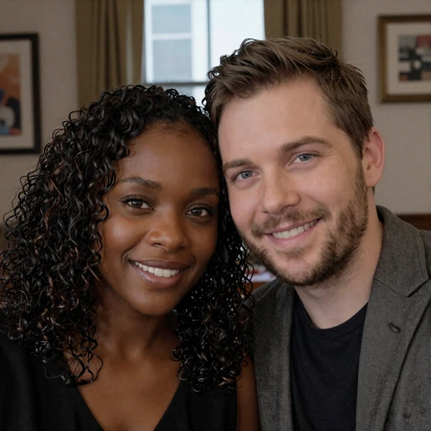Asha and Daniel, a Brooklyn interracial couple engaged in 2026, in a warm portrait at home