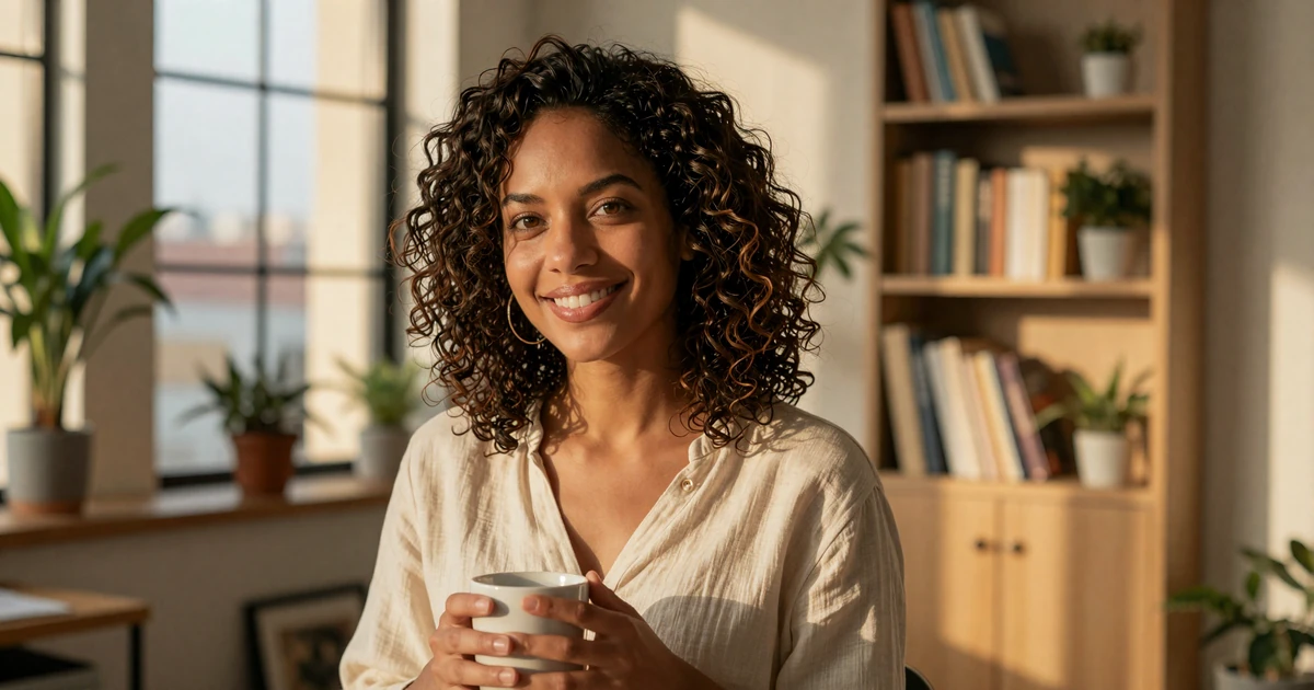 Naomi, EInterracialDatingSites community lead, smiling in the team's sunlit loft office - about us interracial dating platform