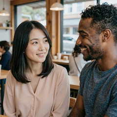 Yuki and Devon, a Seattle interracial couple, smiling and sharing their private dating site experience