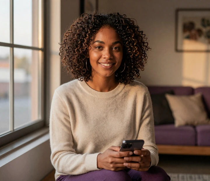 Imani, a confident Black American single, smiling while browsing the dating site that actually works on her phone