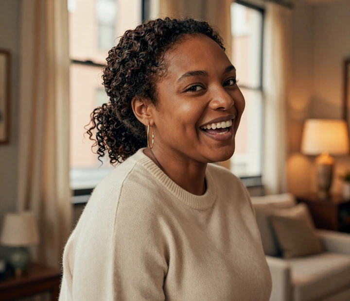 Smiling Black American woman Maya in a cozy loft, representing confident interracial dating singles on EInterracialDatingSites