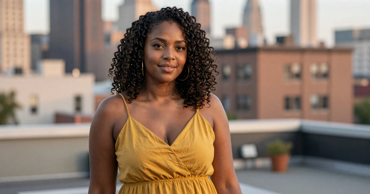 Jasmine, a Brooklyn-based local single, smiling on a rooftop at golden hour &mdash; representing local singles near me on EInterracialDatingSites