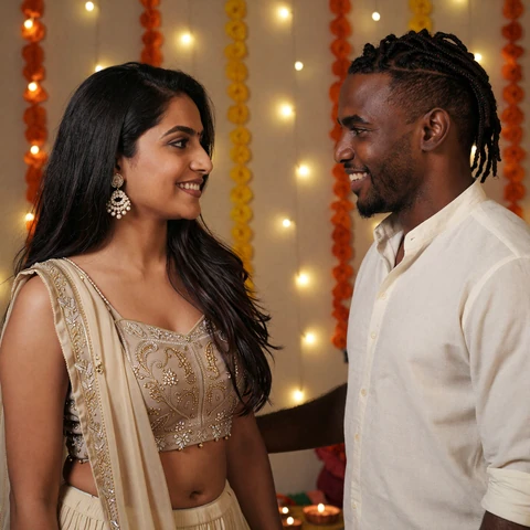 Priya and Andre, an engaged interracial couple from Austin celebrating Diwali