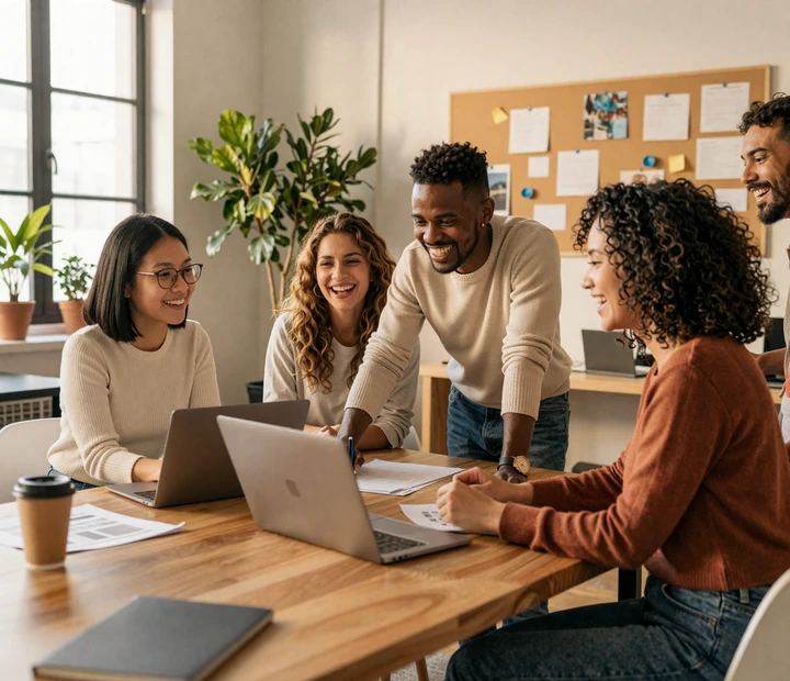 The founding EInterracialDatingSites team collaborating in their loft office - diverse interracial dating platform builders
