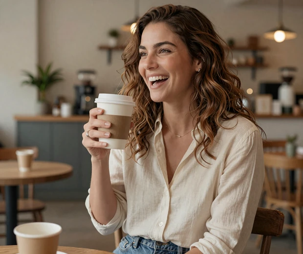 Carla, an Austin-based Latina single, laughing in a local cafe &mdash; showing how local interracial dating leads to real Saturday meetups